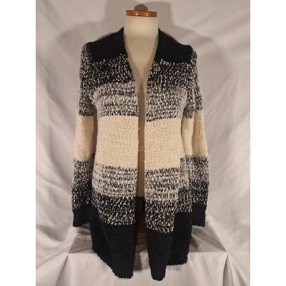 New Directions M Cardigan Open Front Knit Sweater Stripe Black Cream Womenswear